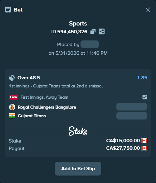 Bet slip: Royal Challengers Bengaluru - Gujarat Titans, $11,100.00 stake at 1.85 odds, placed by BHseh77