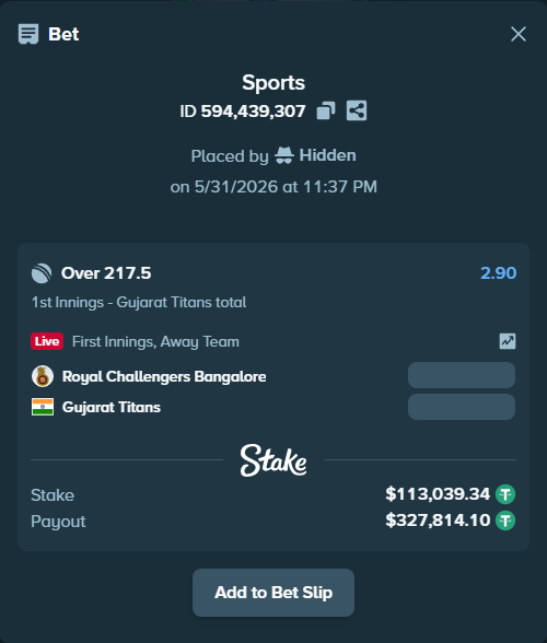 Bet slip: Royal Challengers Bengaluru - Gujarat Titans, $113,152.38 stake at 2.90 odds, placed by Hidden