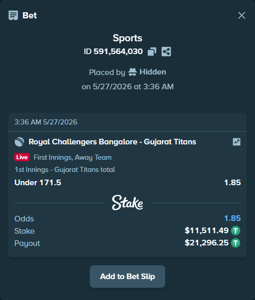 Bet slip: Royal Challengers Bengaluru - Gujarat Titans, $11,523.00 stake at 1.85 odds, placed by Hidden