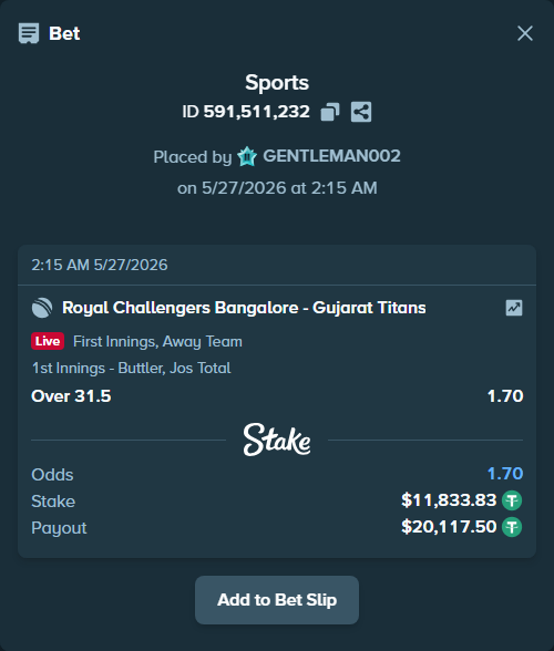 Bet slip: Royal Challengers Bengaluru - Gujarat Titans, $11,845.66 stake at 1.70 odds, placed by GENTLEMAN002