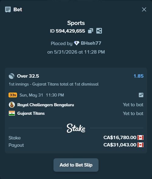 Bet slip: Royal Challengers Bengaluru - Gujarat Titans, $12,417.20 stake at 1.85 odds, placed by BHseh77