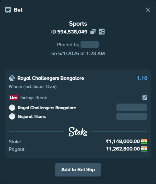 Bet slip: Royal Challengers Bengaluru - Gujarat Titans, $13,776.00 stake at 1.10 odds, placed by Akshayshinde48