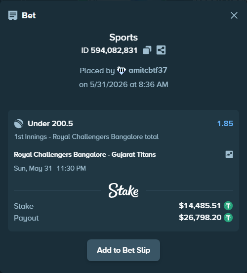 Bet slip: Royal Challengers Bengaluru - Gujarat Titans, $14,500.00 stake at 1.85 odds, placed by amitcbtf37