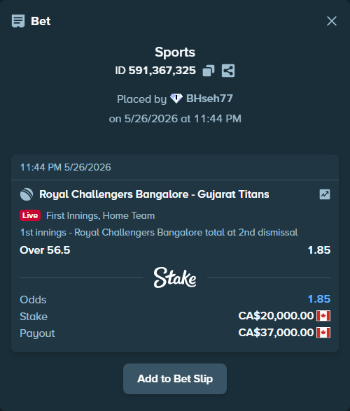 Bet slip: Royal Challengers Bengaluru - Gujarat Titans, $14,800.00 stake at 1.85 odds, placed by BHseh77