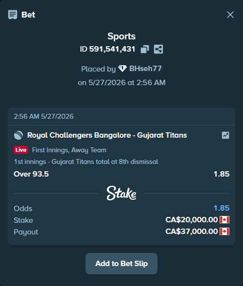 Bet slip: Royal Challengers Bengaluru - Gujarat Titans, $14,800.00 stake at 1.85 odds, placed by BHseh77