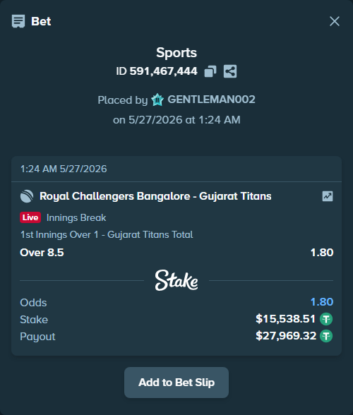 Bet slip: Royal Challengers Bengaluru - Gujarat Titans, $15,554.05 stake at 1.80 odds, placed by GENTLEMAN002