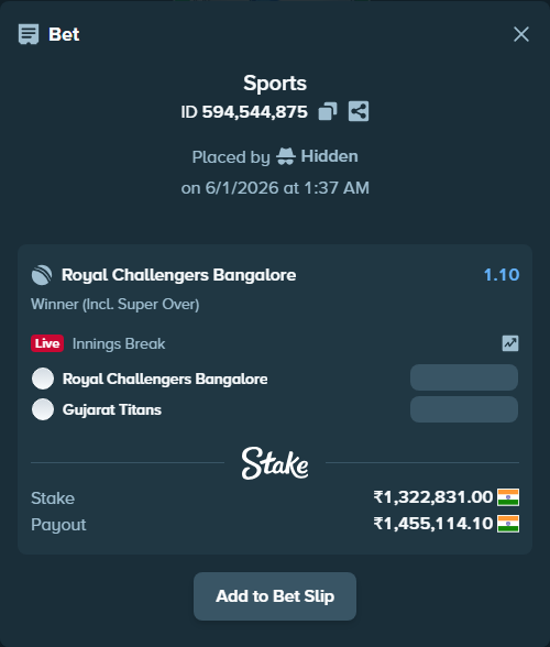 Bet slip: Royal Challengers Bengaluru - Gujarat Titans, $15,873.97 stake at 1.10 odds, placed by Hidden