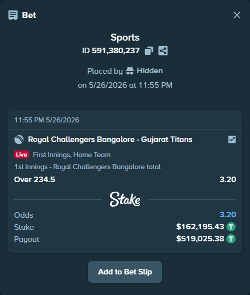 Bet slip: Royal Challengers Bengaluru - Gujarat Titans, $162,357.63 stake at 3.20 odds, placed by Hidden