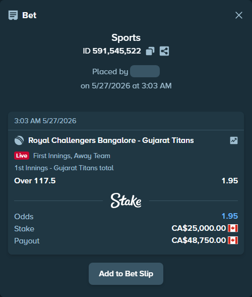 Bet slip: Royal Challengers Bengaluru - Gujarat Titans, $18,500.00 stake at 1.95 odds, placed by BHseh77