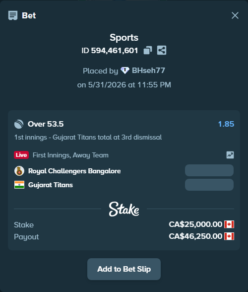 Bet slip: Royal Challengers Bengaluru - Gujarat Titans, $18,500.00 stake at 1.85 odds, placed by BHseh77