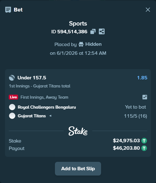 Bet slip: Royal Challengers Bengaluru - Gujarat Titans, $25,000.00 stake at 1.85 odds, placed by Hidden