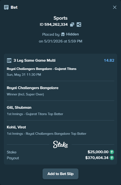 Bet slip: Royal Challengers Bengaluru - Gujarat Titans, $25,025.00 stake at 1.75 odds, placed by Hidden
