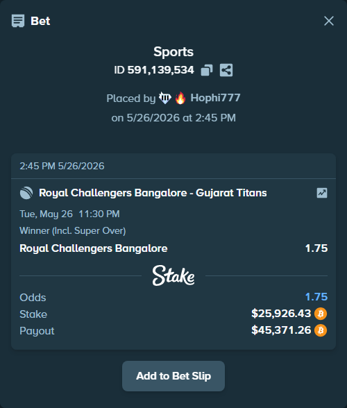Bet slip: Royal Challengers Bengaluru - Gujarat Titans, $21,765.41 stake at 1.75 odds, placed by Hophi777