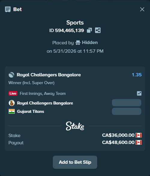 Bet slip: Royal Challengers Bengaluru - Gujarat Titans, $26,640.00 stake at 1.35 odds, placed by Hidden