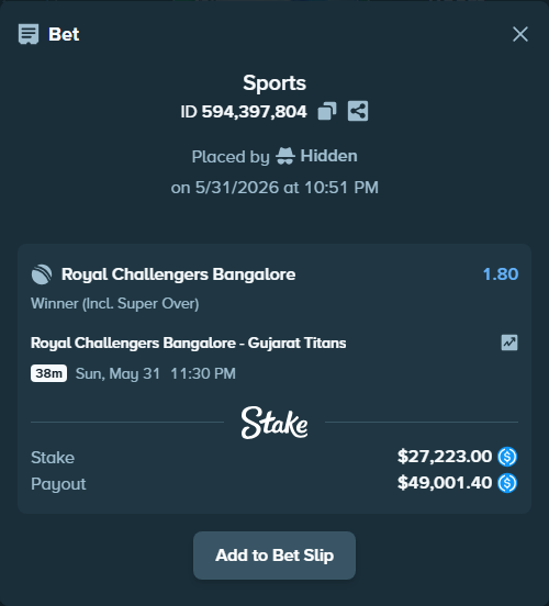 Bet slip: Royal Challengers Bengaluru - Gujarat Titans, $27,223.00 stake at 1.80 odds, placed by Hidden