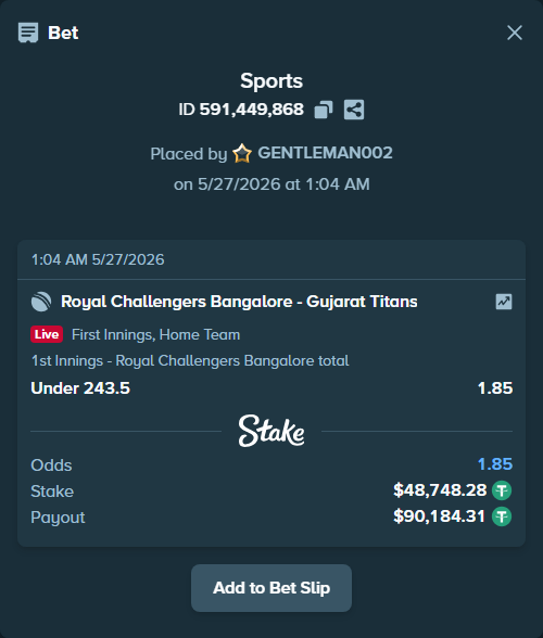 Bet slip: Royal Challengers Bengaluru - Gujarat Titans, $48,797.03 stake at 1.85 odds, placed by GENTLEMAN002
