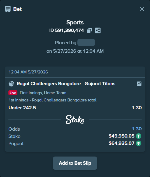 Bet slip: Royal Challengers Bengaluru - Gujarat Titans, $50,000.00 stake at 1.30 odds, placed by GENTLEMAN002