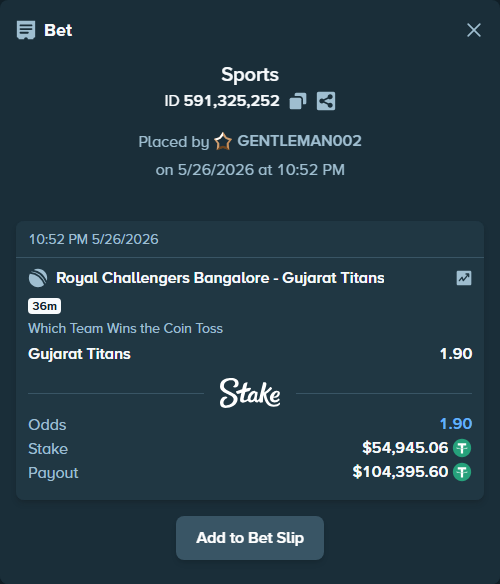 Bet slip: Royal Challengers Bengaluru - Gujarat Titans, $55,000.00 stake at 1.90 odds, placed by GENTLEMAN002