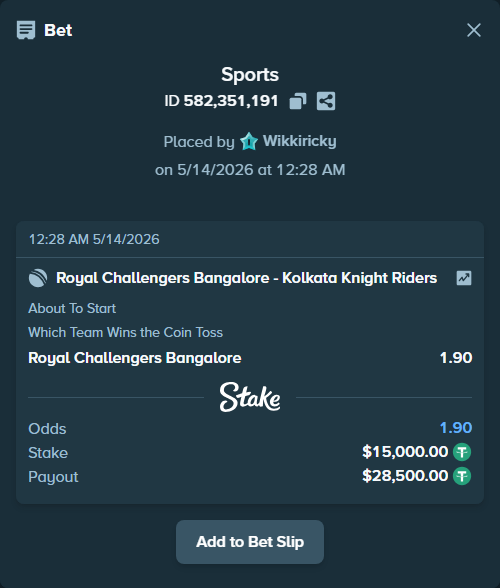 Bet slip: Royal Challengers Bengaluru - Kolkata Knight Riders, $15,000.00 stake at 1.90 odds, placed by Wikkiricky