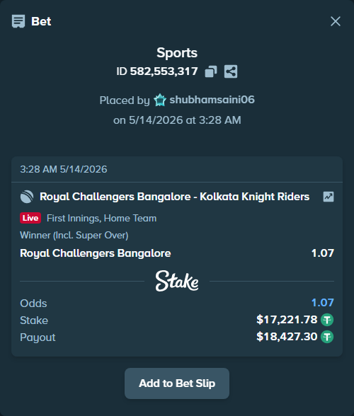 Bet slip: Royal Challengers Bengaluru - Kolkata Knight Riders, $17,239.00 stake at 1.07 odds, placed by shubhamsaini06