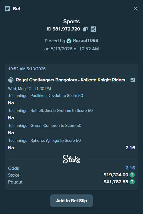 Bet slip: Royal Challengers Bengaluru - Kolkata Knight Riders, $19,334.00 stake at 1.20 odds, placed by Rezaul1098