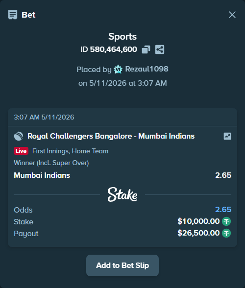 Bet slip: Royal Challengers Bengaluru - Mumbai Indians, $10,000.00 stake at 2.65 odds, placed by Rezaul1098