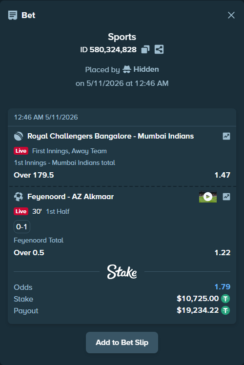 Bet slip: Royal Challengers Bengaluru - Mumbai Indians, $10,725.00 stake at 1.47 odds, placed by Hidden