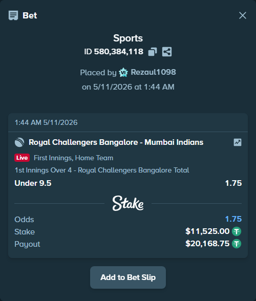 Bet slip: Royal Challengers Bengaluru - Mumbai Indians, $11,525.00 stake at 1.75 odds, placed by Rezaul1098