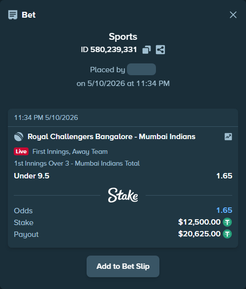 Bet slip: Royal Challengers Bengaluru - Mumbai Indians, $12,500.00 stake at 1.65 odds, placed by Rezaul1098