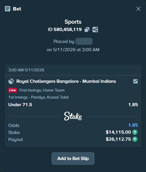 Bet slip: Royal Challengers Bengaluru - Mumbai Indians, $14,115.00 stake at 1.85 odds, placed by Rezaul1098