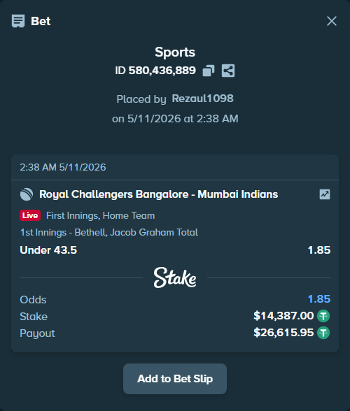 Bet slip: Royal Challengers Bengaluru - Mumbai Indians, $14,387.00 stake at 1.85 odds, placed by Rezaul1098