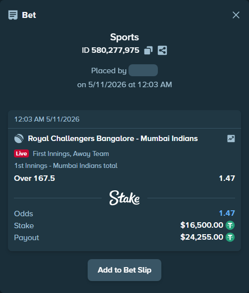 Bet slip: Royal Challengers Bengaluru - Mumbai Indians, $16,500.00 stake at 1.47 odds, placed by amitcbtf37