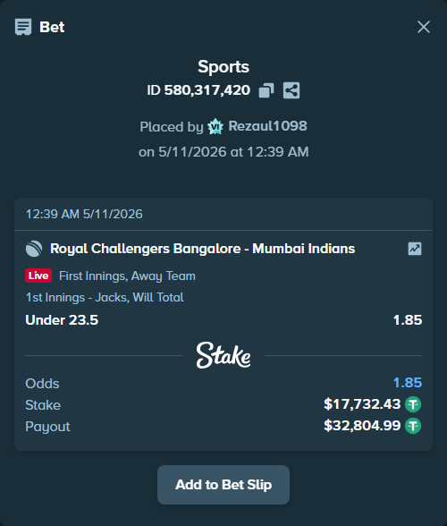 Bet slip: Royal Challengers Bengaluru - Mumbai Indians, $17,732.43 stake at 1.85 odds, placed by Rezaul1098