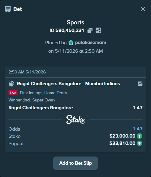 Bet slip: Royal Challengers Bengaluru - Mumbai Indians, $23,000.00 stake at 1.47 odds, placed by palakasomani