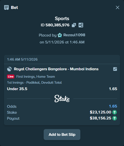 Bet slip: Royal Challengers Bengaluru - Mumbai Indians, $23,125.00 stake at 1.65 odds, placed by Rezaul1098