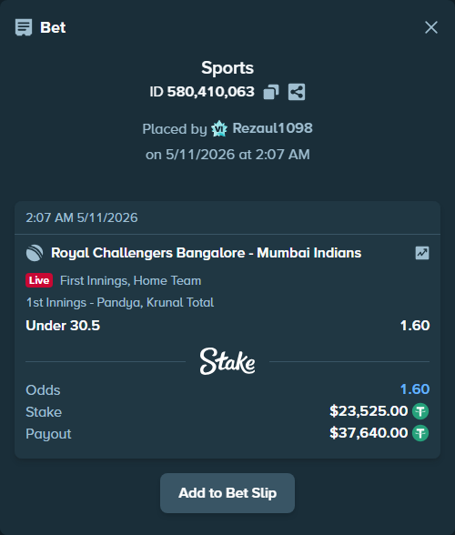 Bet slip: Royal Challengers Bengaluru - Mumbai Indians, $23,525.00 stake at 1.60 odds, placed by Rezaul1098
