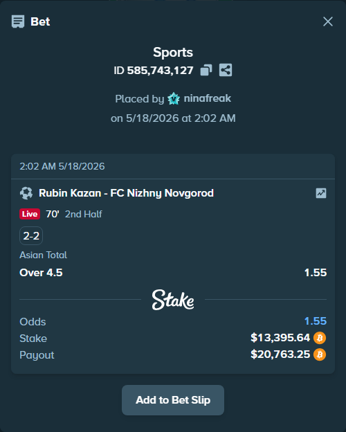 Bet slip: Rubin Kazan - FC Pari Nizhny Novgorod, $11,014.37 stake at 1.55 odds, placed by ninafreak