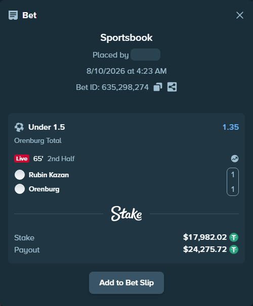 Bet slip: Rubin Kazan - Orenburg, $18,000.00 stake at 1.35 odds, placed by ZZZ777999