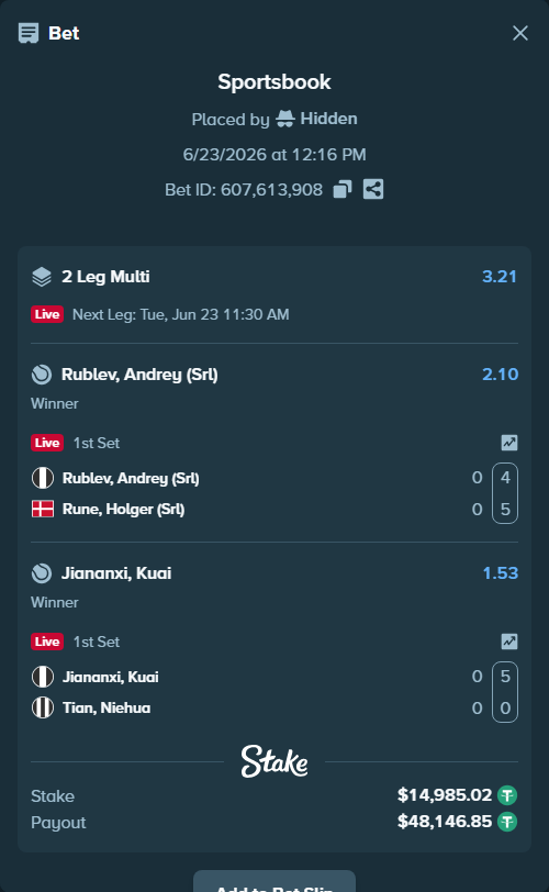 Bet slip: Rublev, Andrey (Srl) - Rune, Holger (Srl), $15,000.00 stake at 2.10 odds, placed by Hidden