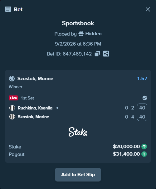 Bet slip: Ruchkina, Kseniia - Szostak, Marine, $20,000.00 stake at 1.57 odds, placed by Hidden