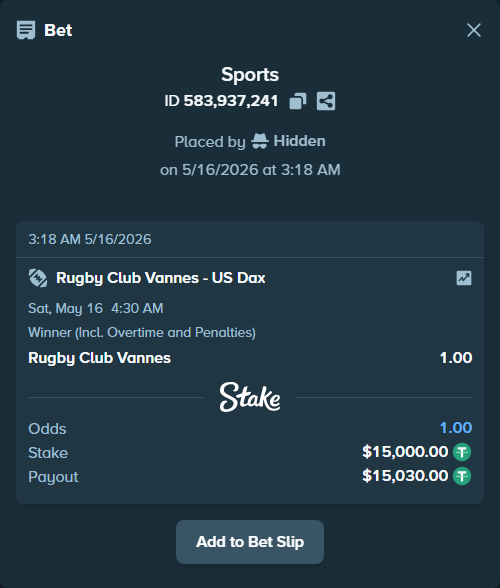 Bet slip: Rugby Club Vannes - US Dax, $15,000.00 stake at 1.00 odds, placed by Hidden