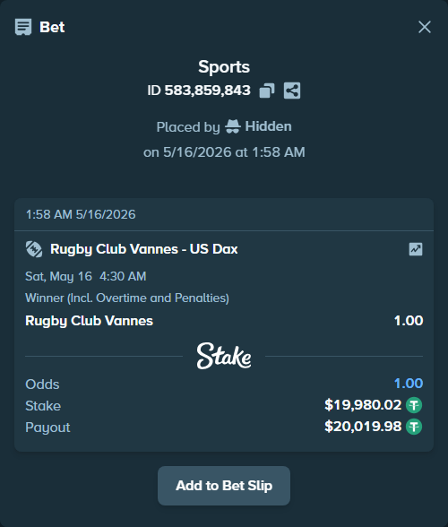 Bet slip: Rugby Club Vannes - US Dax, $20,000.00 stake at 1.00 odds, placed by Hidden