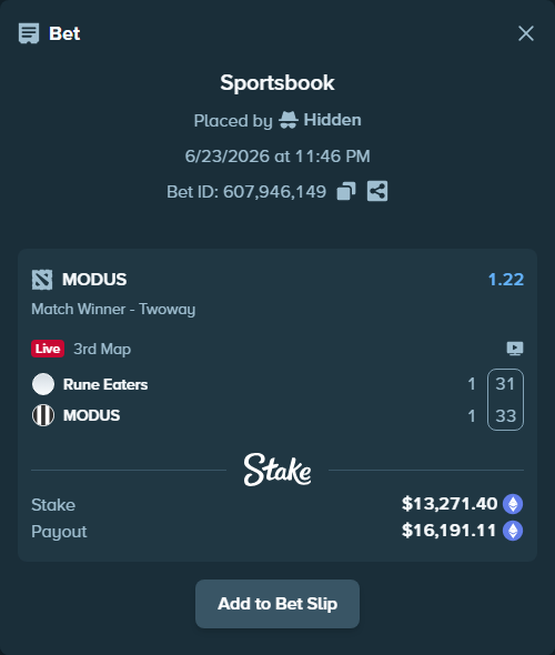 Bet slip: Rune Eaters - MODUS, $12,716.16 stake at 1.22 odds, placed by Warcholizd