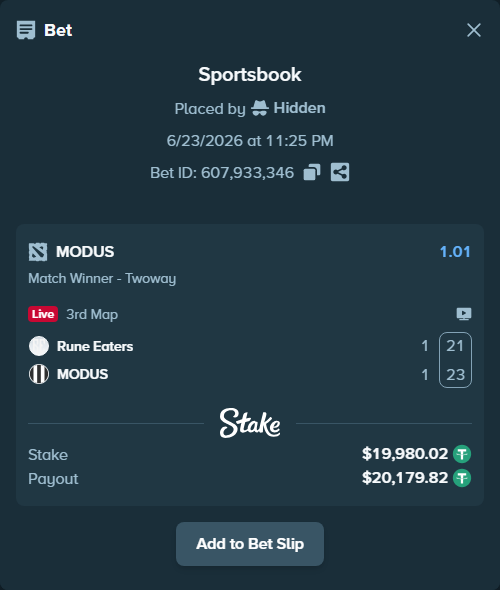 Bet slip: Rune Eaters - MODUS, $20,000.00 stake at 1.01 odds, placed by Hidden