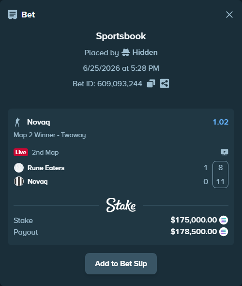 Bet slip: Rune Eaters - Novaq, $194,503.20 stake at 1.02 odds, placed by Hidden