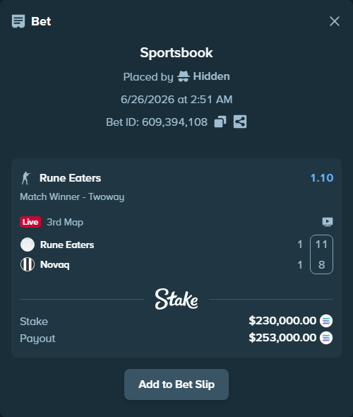 Bet slip: Rune Eaters - Novaq, $272,418.21 stake at 1.10 odds, placed by Hidden