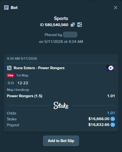 Bet slip: Rune Eaters - Power Rangers, $16,666.00 stake at 1.01 odds, placed by MetaSpinner