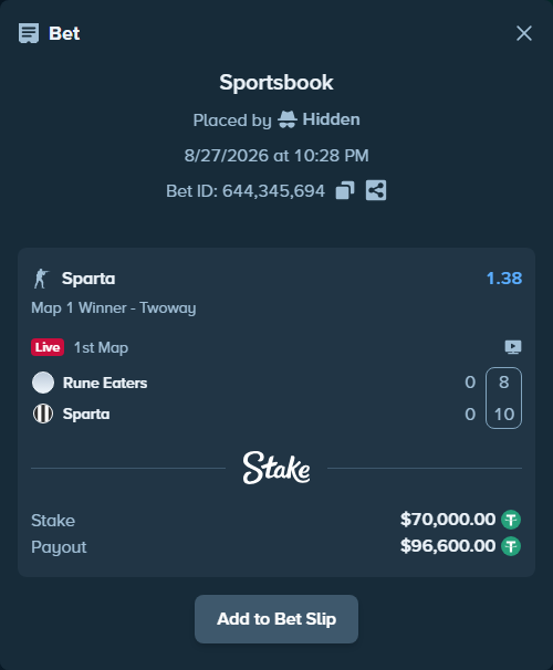 Bet slip: Rune Eaters - Sparta, $70,000.00 stake at 1.38 odds, placed by Hidden