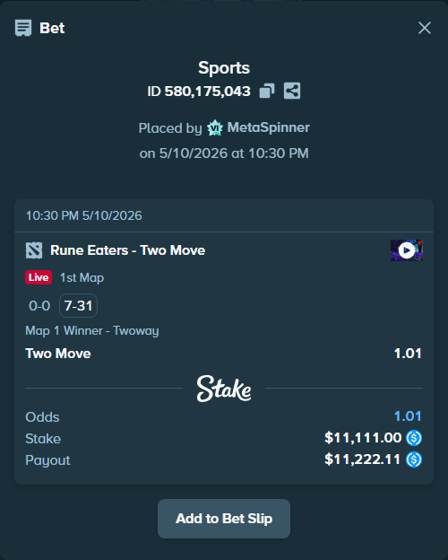 Bet slip: Rune Eaters - Two Move, $11,111.00 stake at 1.01 odds, placed by MetaSpinner