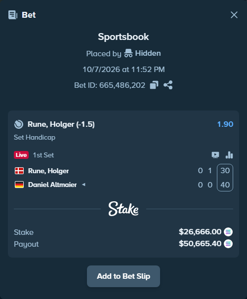 Bet slip: Rune, Holger - Daniel Altmaier, $26,602.58 stake at 1.90 odds, placed by Hidden